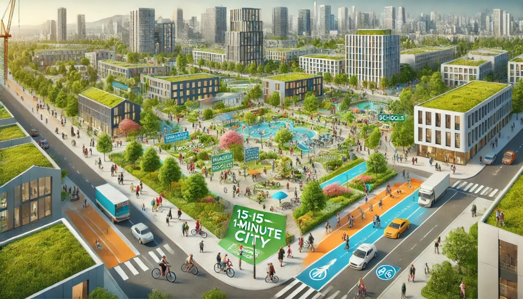 Aerial view of a mixed-use urban neighborhood with green space and pedestrian streets
