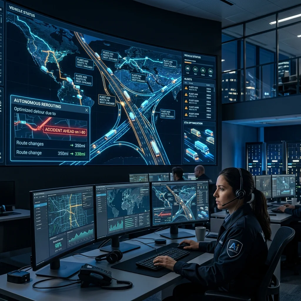 Control room with digital displays and data analytics