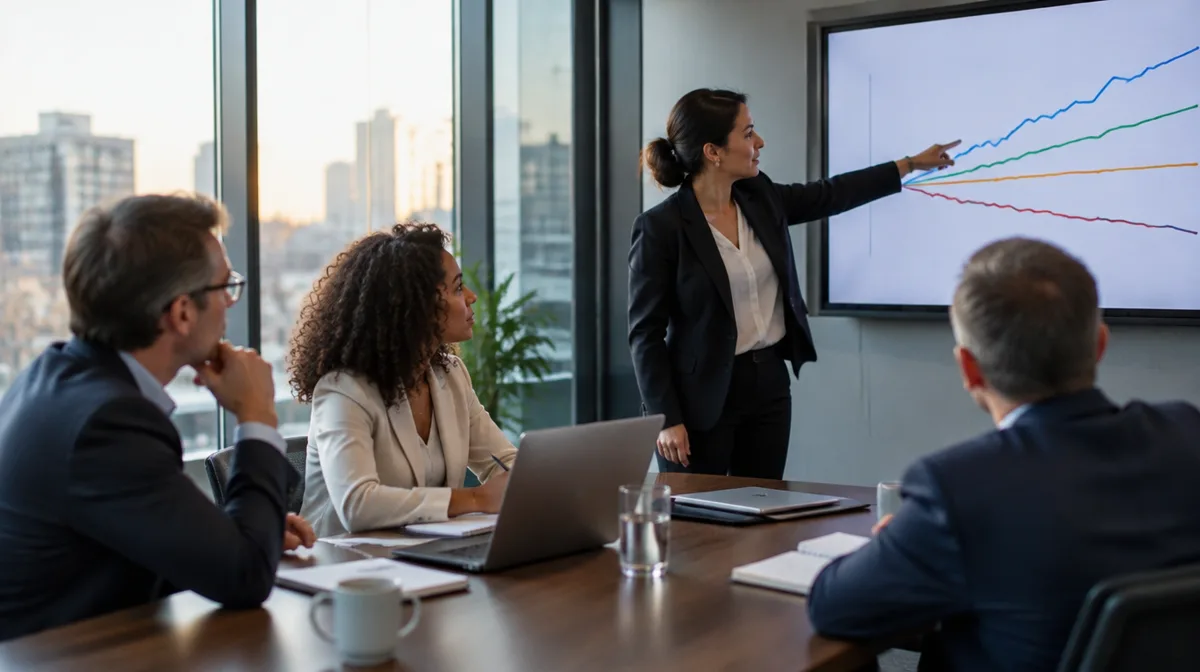 Risk committee in a glass-walled meeting room reviewing diverging line charts on a wall screen