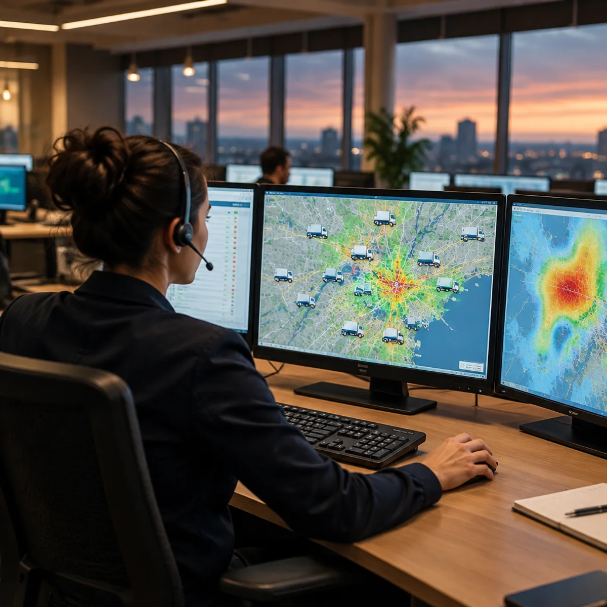 Dispatcher at a logistics control desk viewing monitors showing a live delivery map with a fleet capacity heatmap overlay
