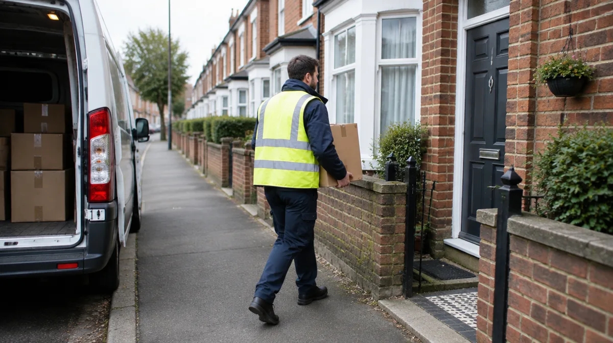Delivery driver in a high-visibility vest carrying a parcel from a white van to a terraced house