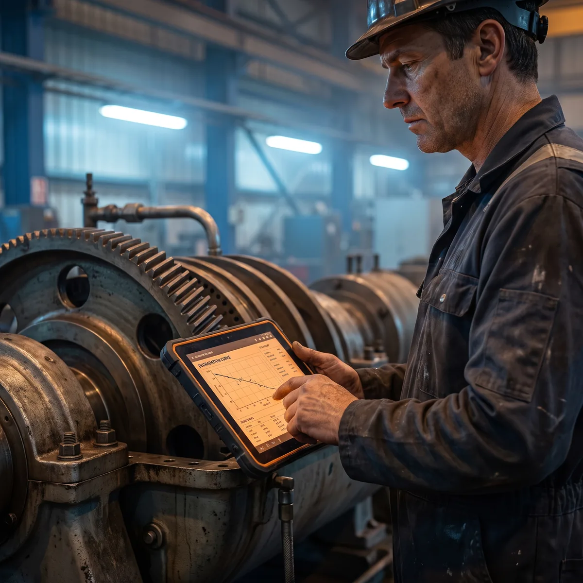 Maintenance engineer reviewing asset condition data on a tablet beside industrial machinery