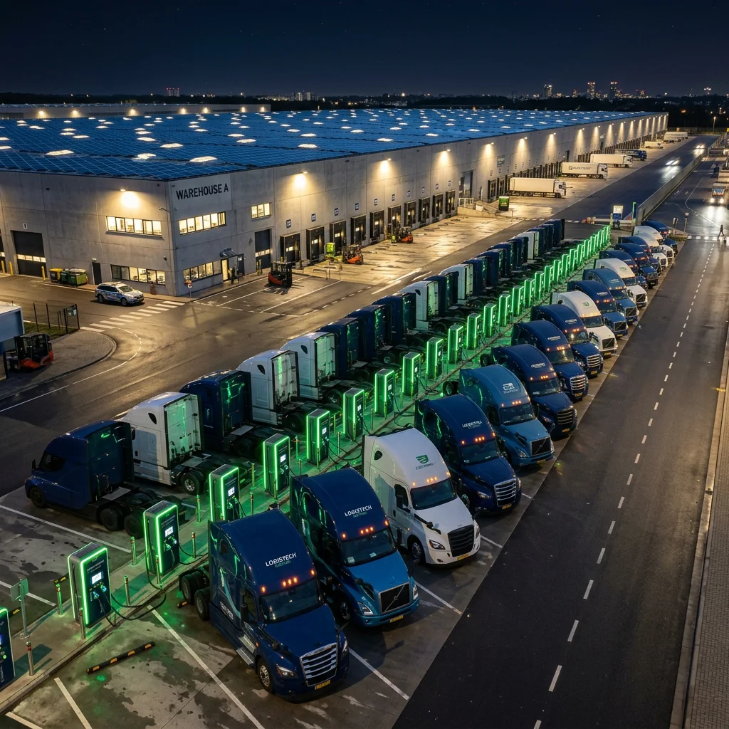 Electric delivery vehicles charging at a logistics depot