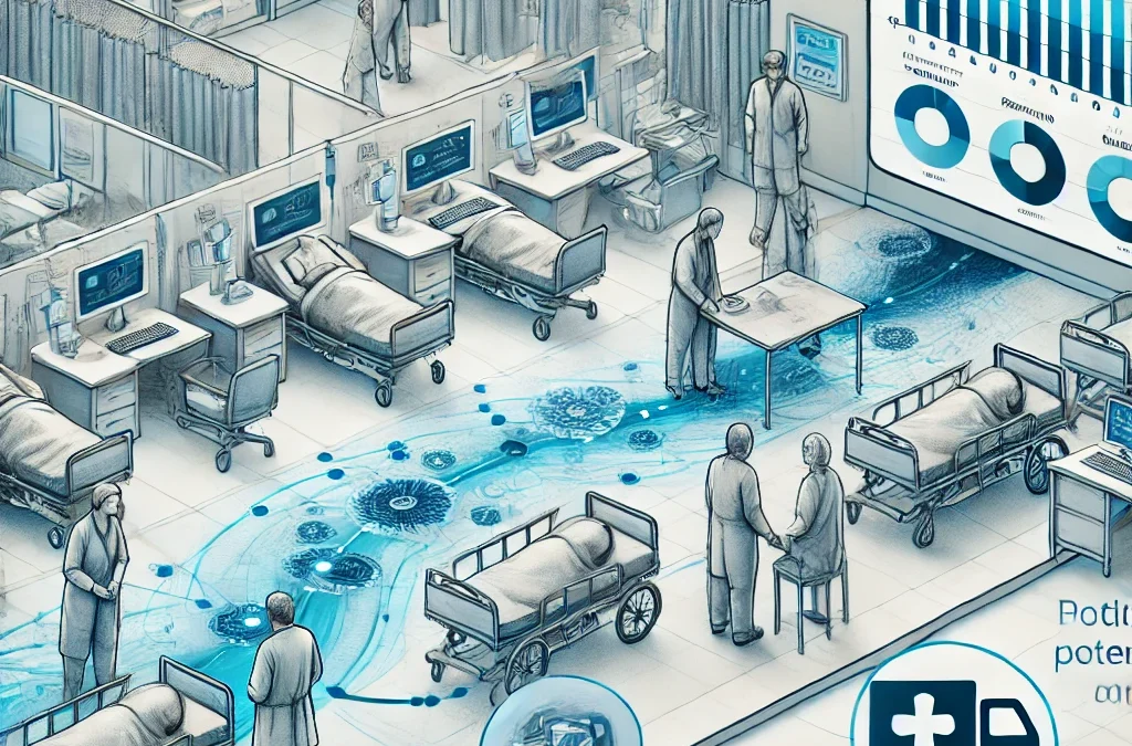 Hospital corridor with staff coordinating patient flow