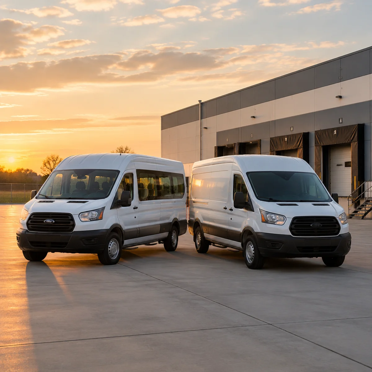 Passenger shuttle van and cargo delivery van parked side by side at a logistics yard loading dock at dusk