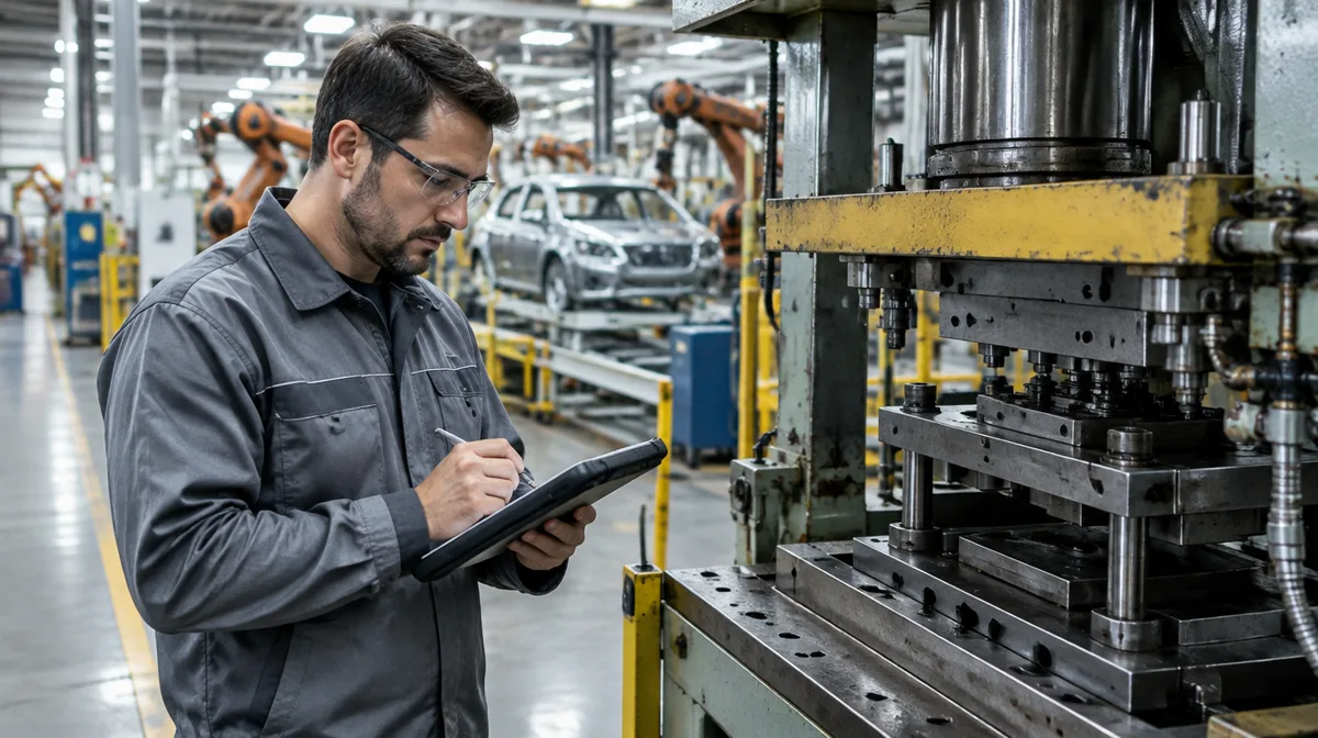 Maintenance technician writing a note on a tablet beside a hydraulic press in an automotive plant