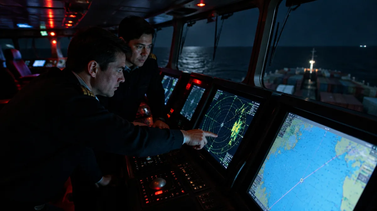 Two officers at the navigation consoles on the bridge of a container ship at night
