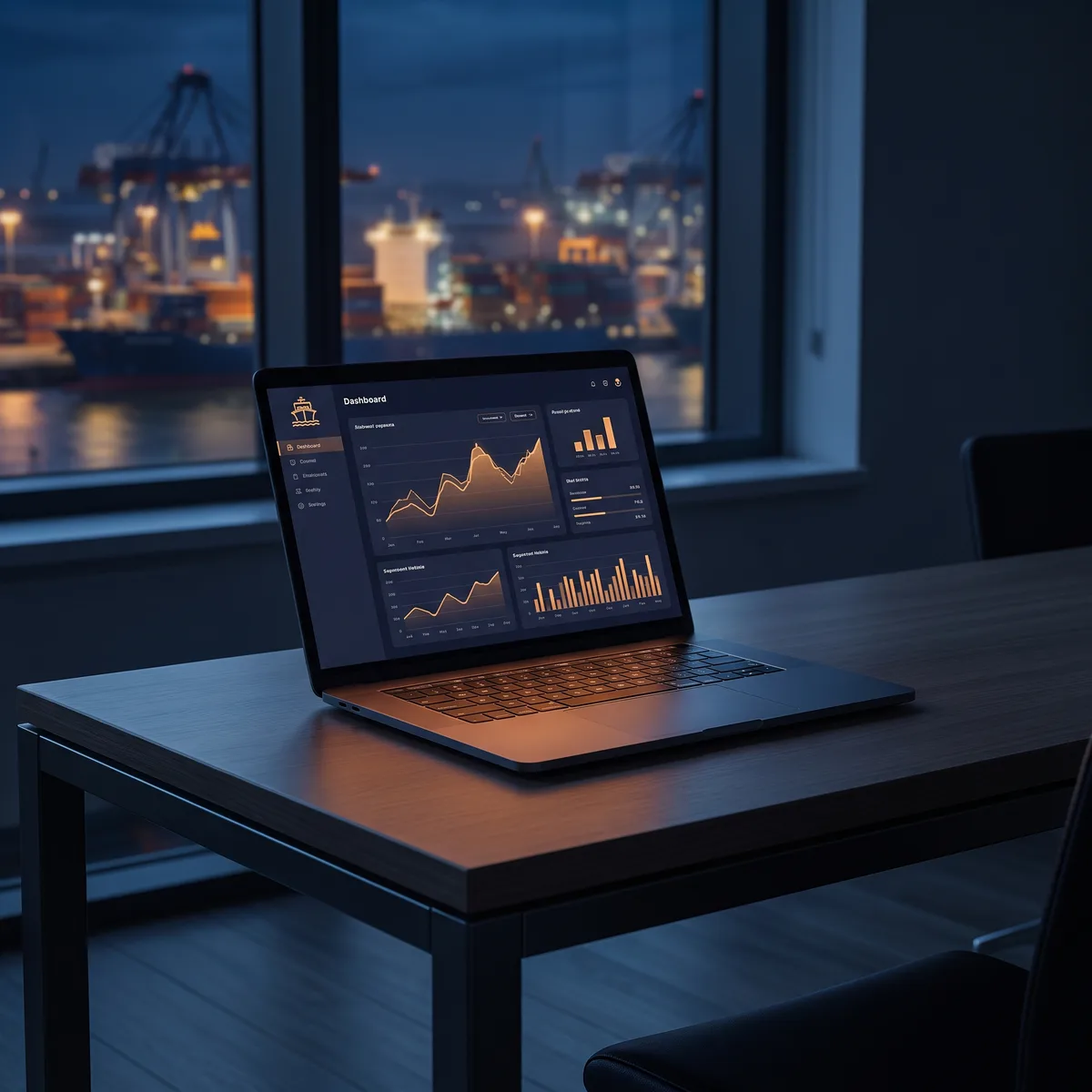 Laptop showing an abstract dashboard interface with a blurred night-time container port visible through the window behind it