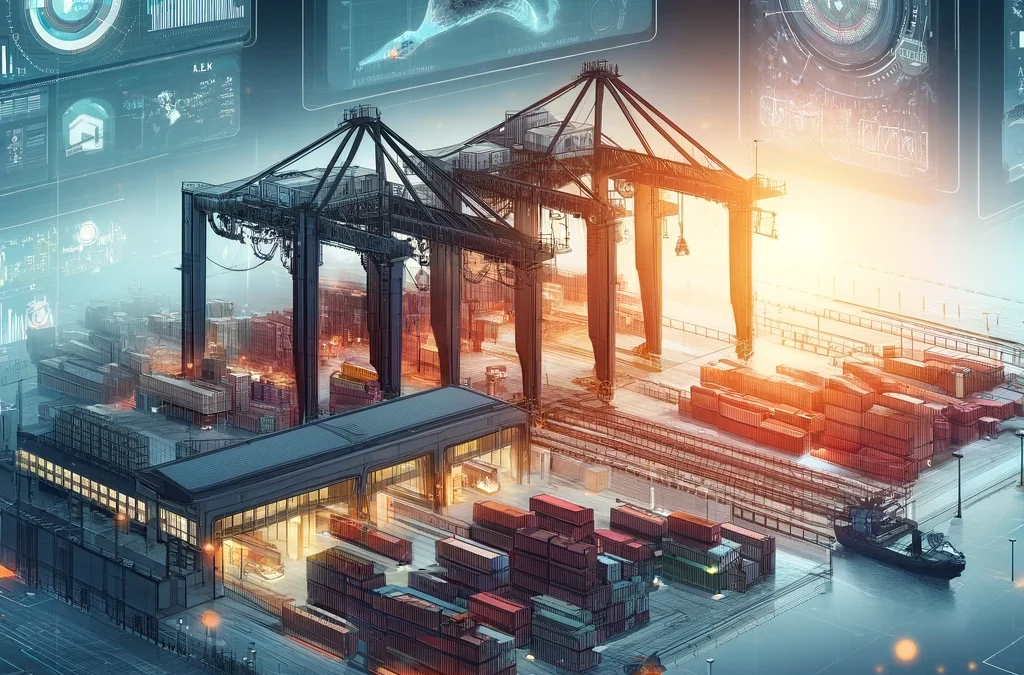 Multimodal logistics hub with trucks, containers, and rail cars