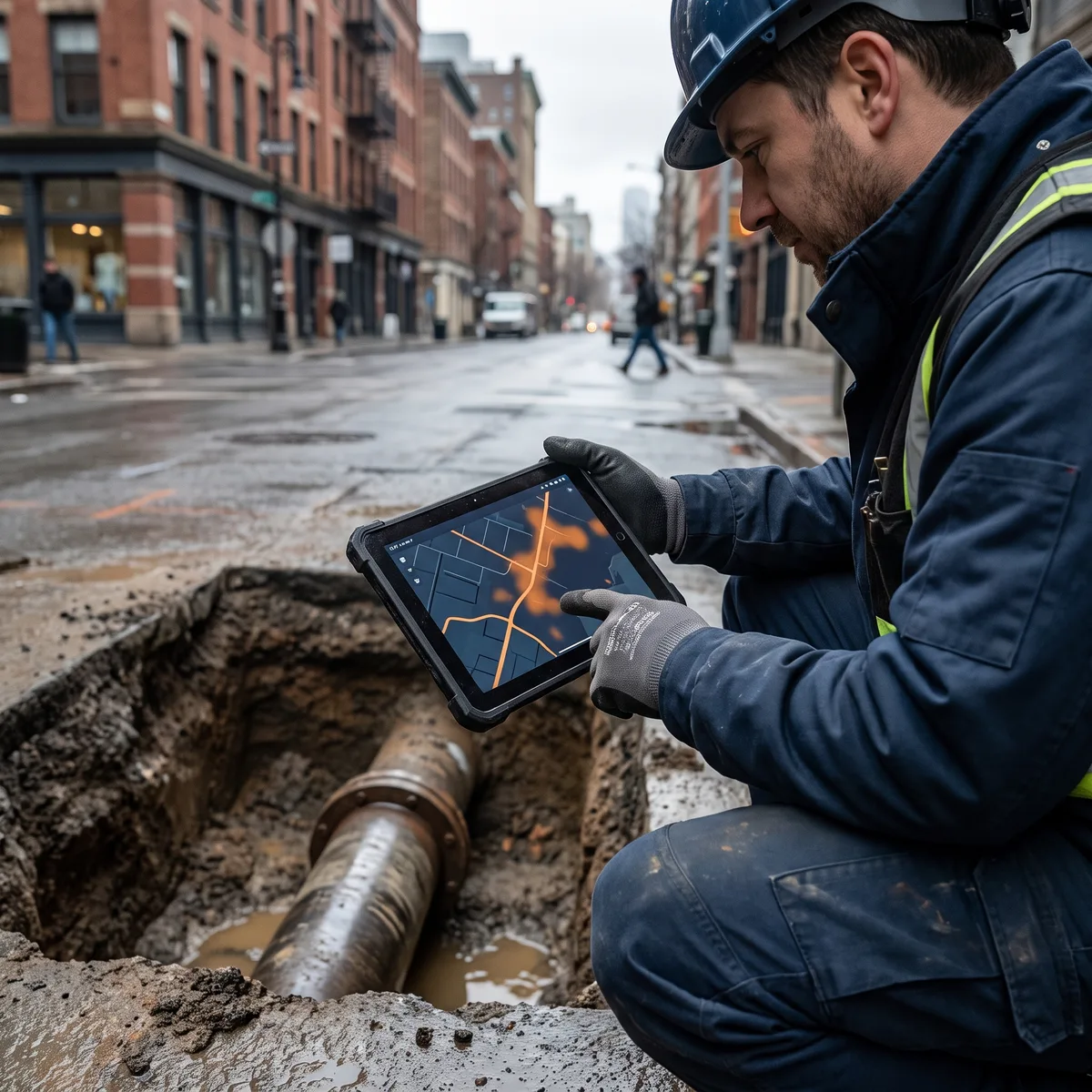 Utility engineer inspecting an exposed municipal water pipe in a street excavation with a tablet showing a risk map