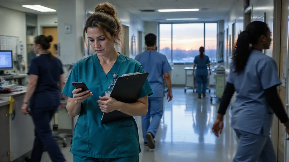 Charge nurse in teal scrubs reading a message on her phone in a hospital corridor at shift change