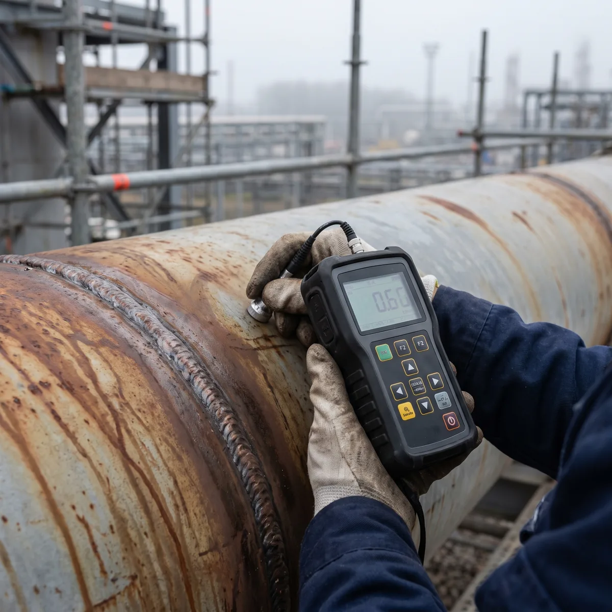 Engineer inspecting an industrial pipeline with a handheld ultrasonic thickness gauge