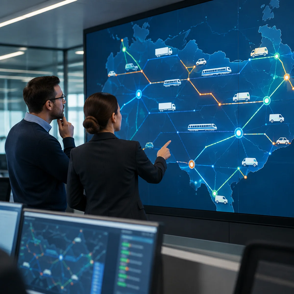 Fleet control center wall display showing a multimodal transport network map combining trucks, rail, and delivery vans