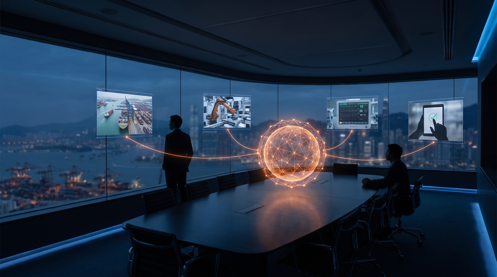 Operations team supervising one AI orchestration hub connecting maritime logistics, manufacturing, healthcare, and enterprise approval workflows