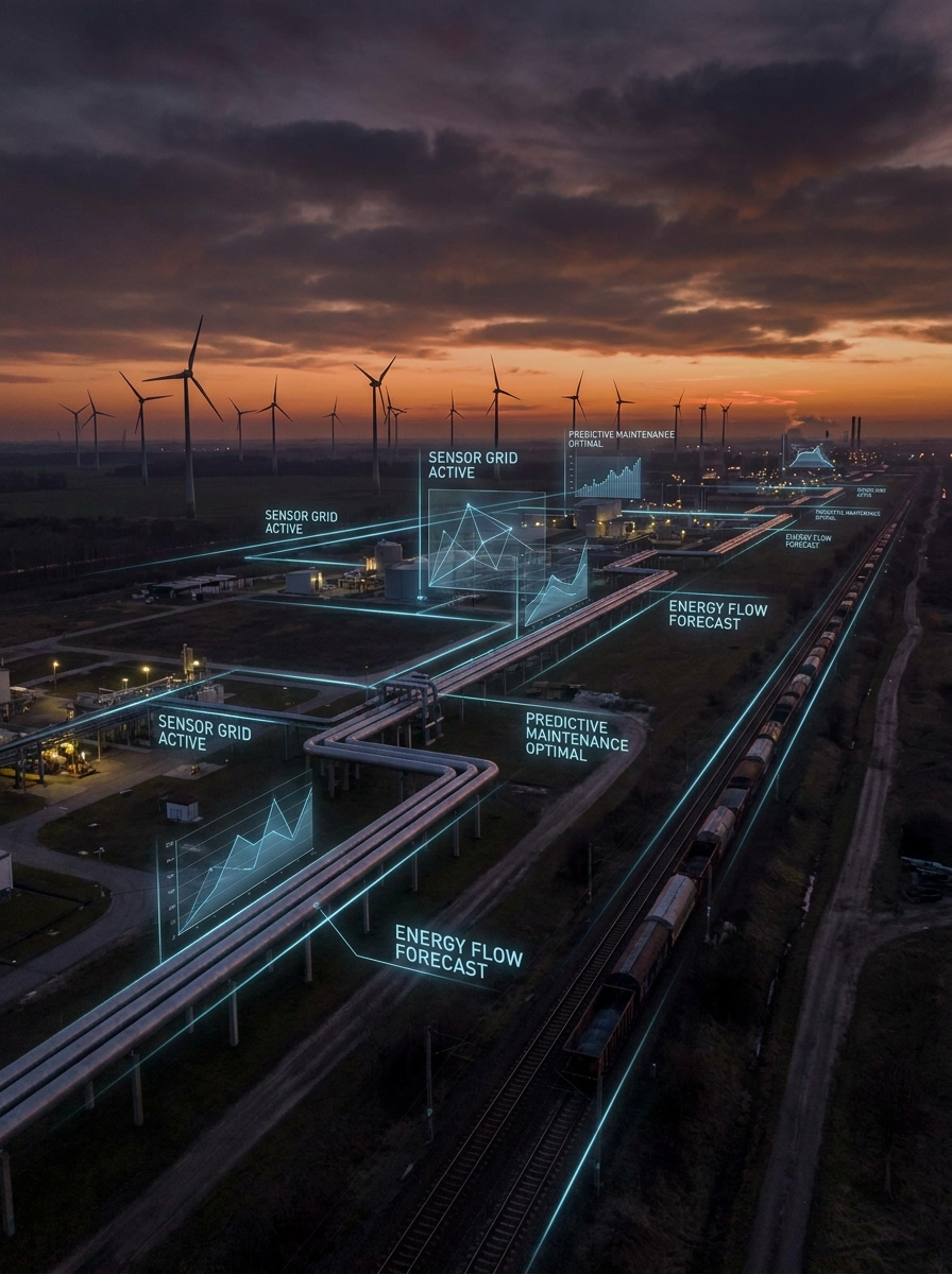 Aerial view of wind turbines, railway, and industrial grid with AI predictive maintenance analytics overlay