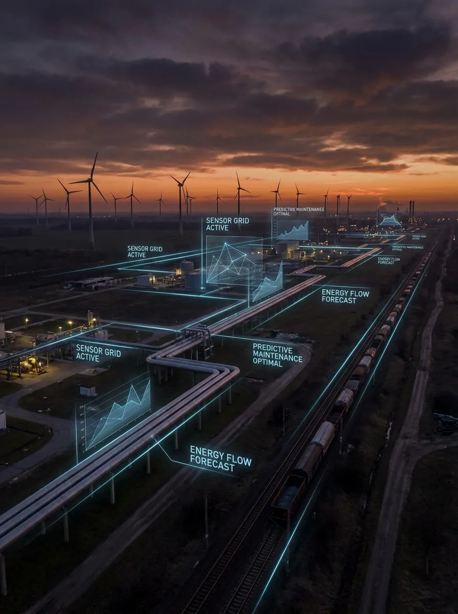 Aerial view of wind turbines, railway, and industrial grid with AI predictive maintenance analytics overlay