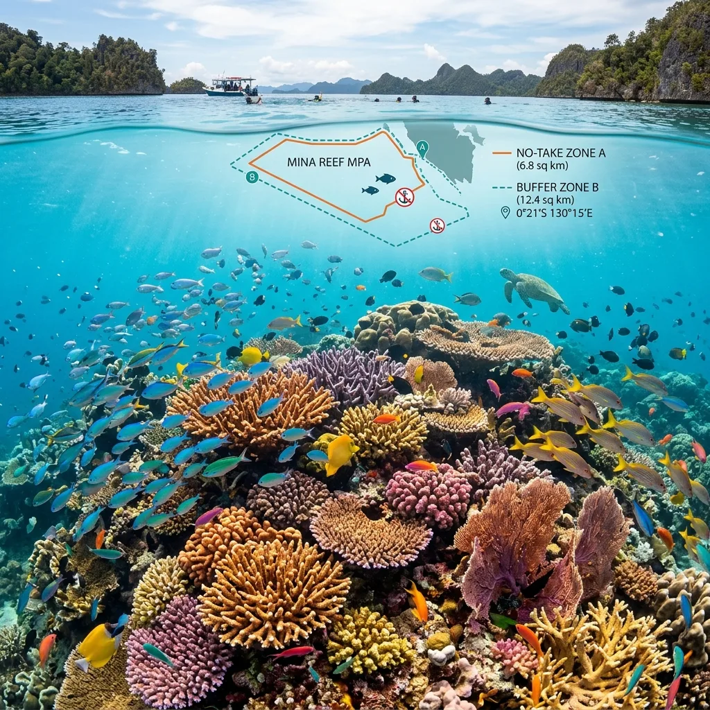 Vibrant marine protected area with diverse coral reefs and geographic zoning overlay