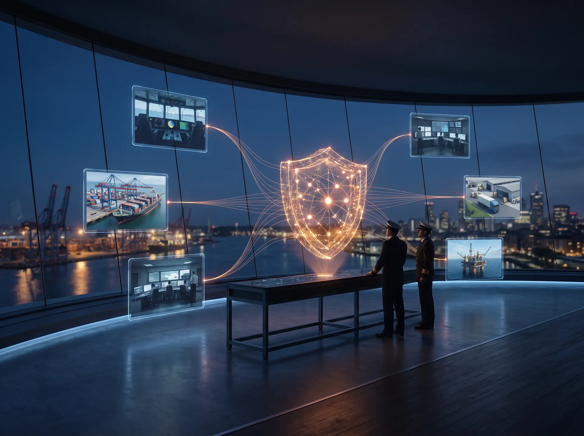 A maritime cybersecurity training range with one central hub connecting vessel, port, shore, supply chain, and offshore operations