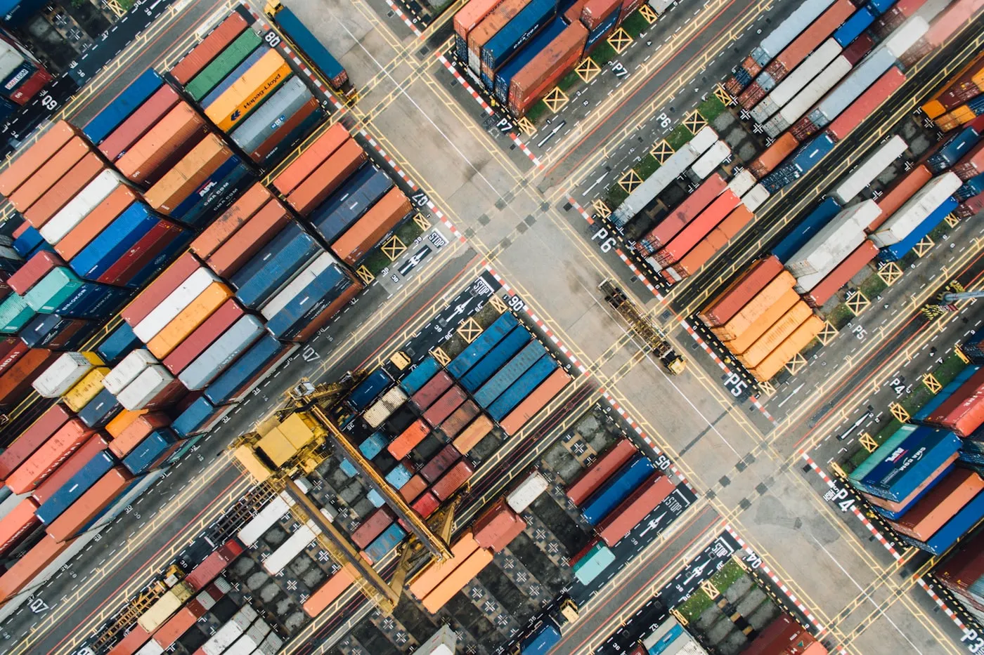 Aerial view of shipping container yard at port