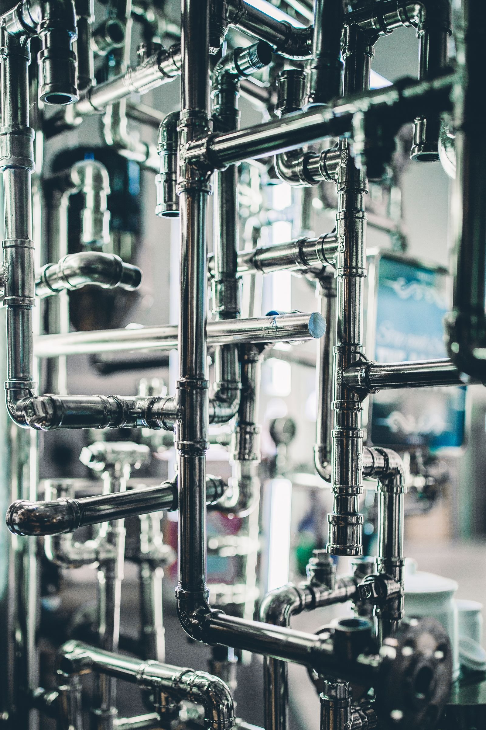 Close-up of complex stainless steel industrial piping