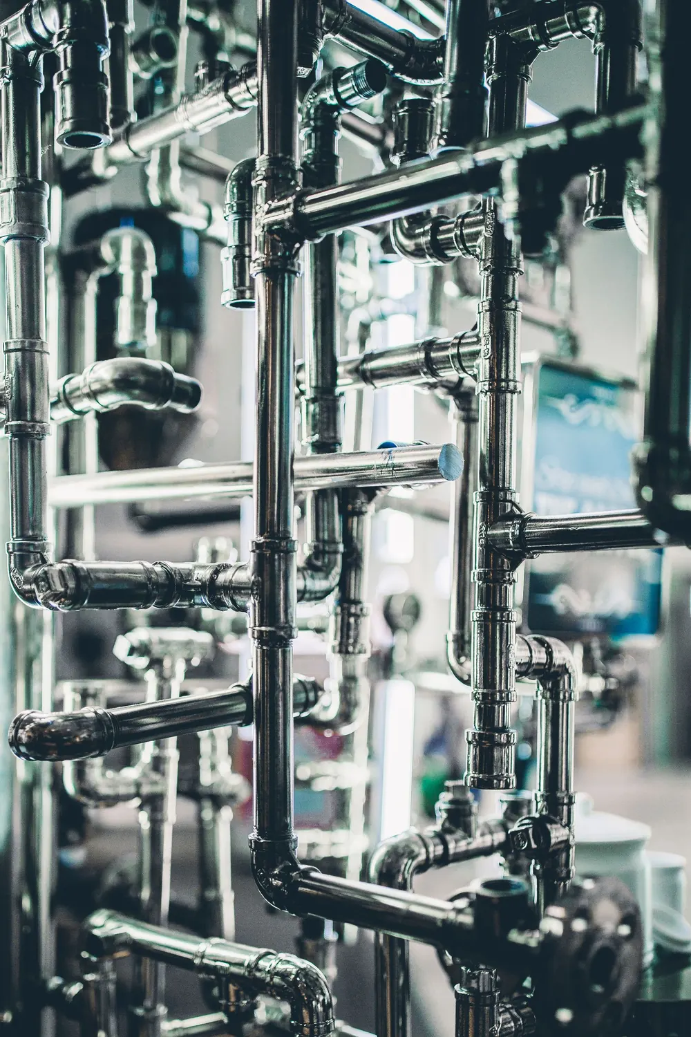 Close-up of complex stainless steel industrial piping