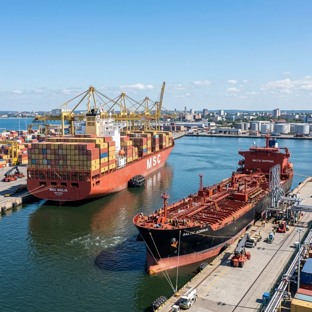 A container ship and an oil tanker ship docked at adjacent berths in a port