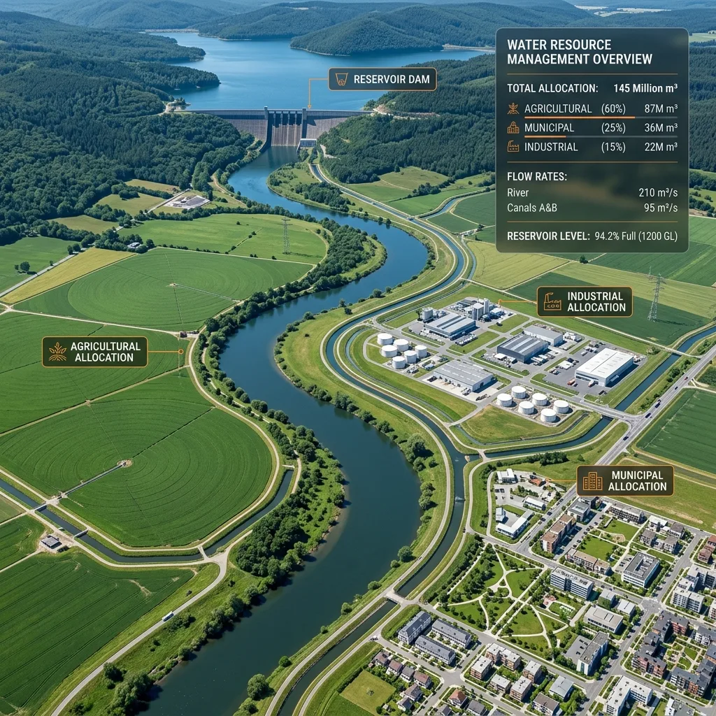 Aerial view of a watershed basin supply system distributing water channels to cities and agriculture