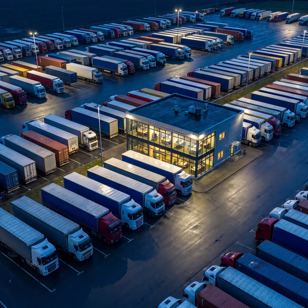 Aerial view of a logistics operations truck yard at dusk with a dispatch office