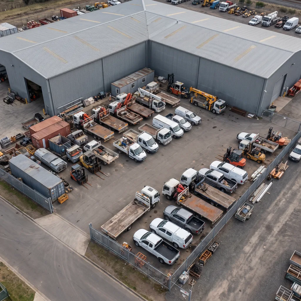 Aerial view of an industrial maintenance workshop yard with service vehicles staged in rows