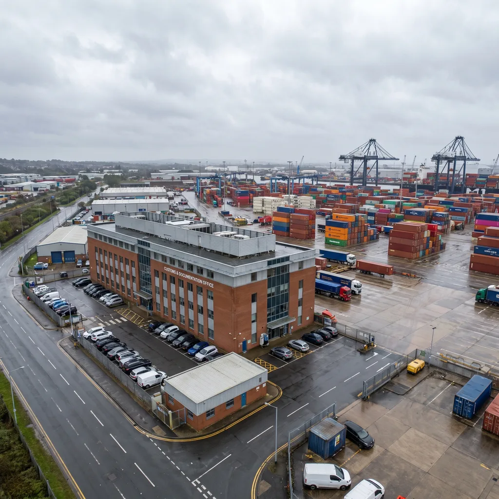 Aerial view of a container port customs and documentation office beside a busy terminal