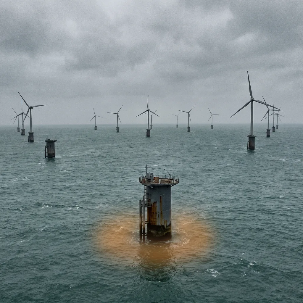 Aerial view of offshore wind turbine monopile foundations rising from the sea