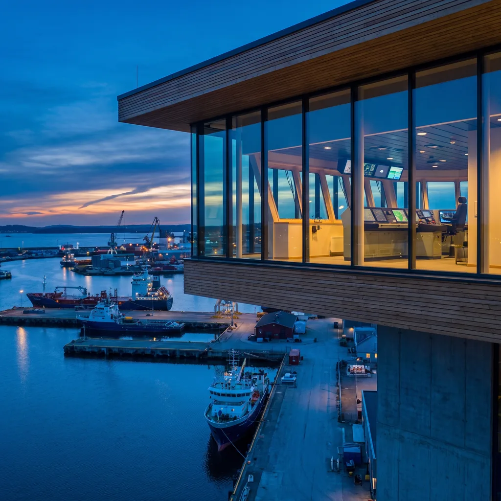 Aerial view of a maritime training academy building with a bridge simulator visible at dusk