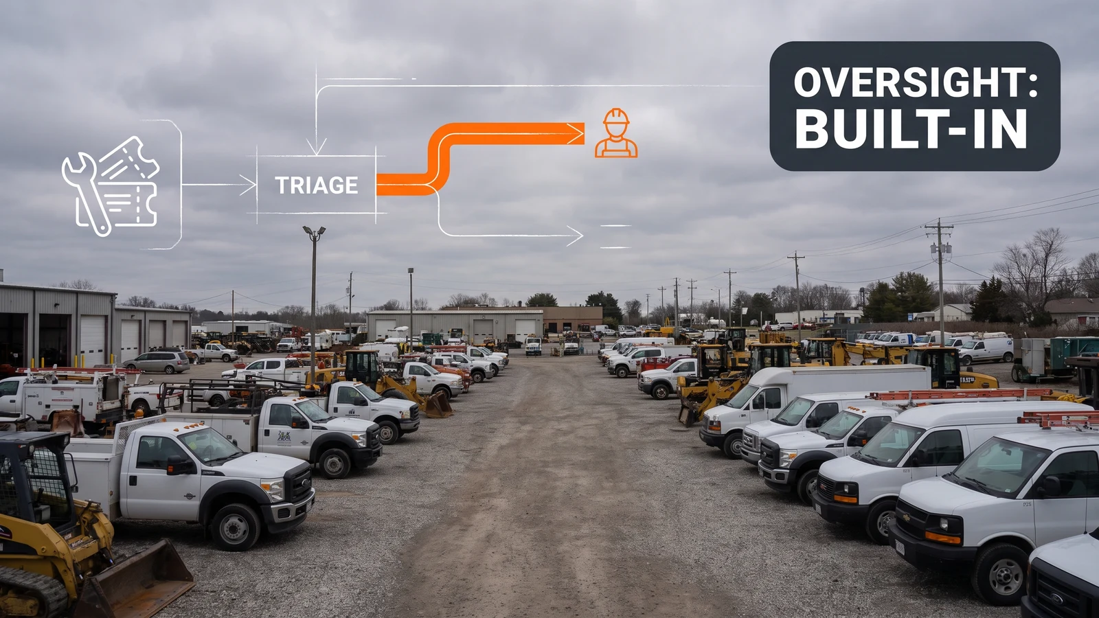 Technical diagram of a maintenance ticket flowing through a triage decision to automatic or escalated paths