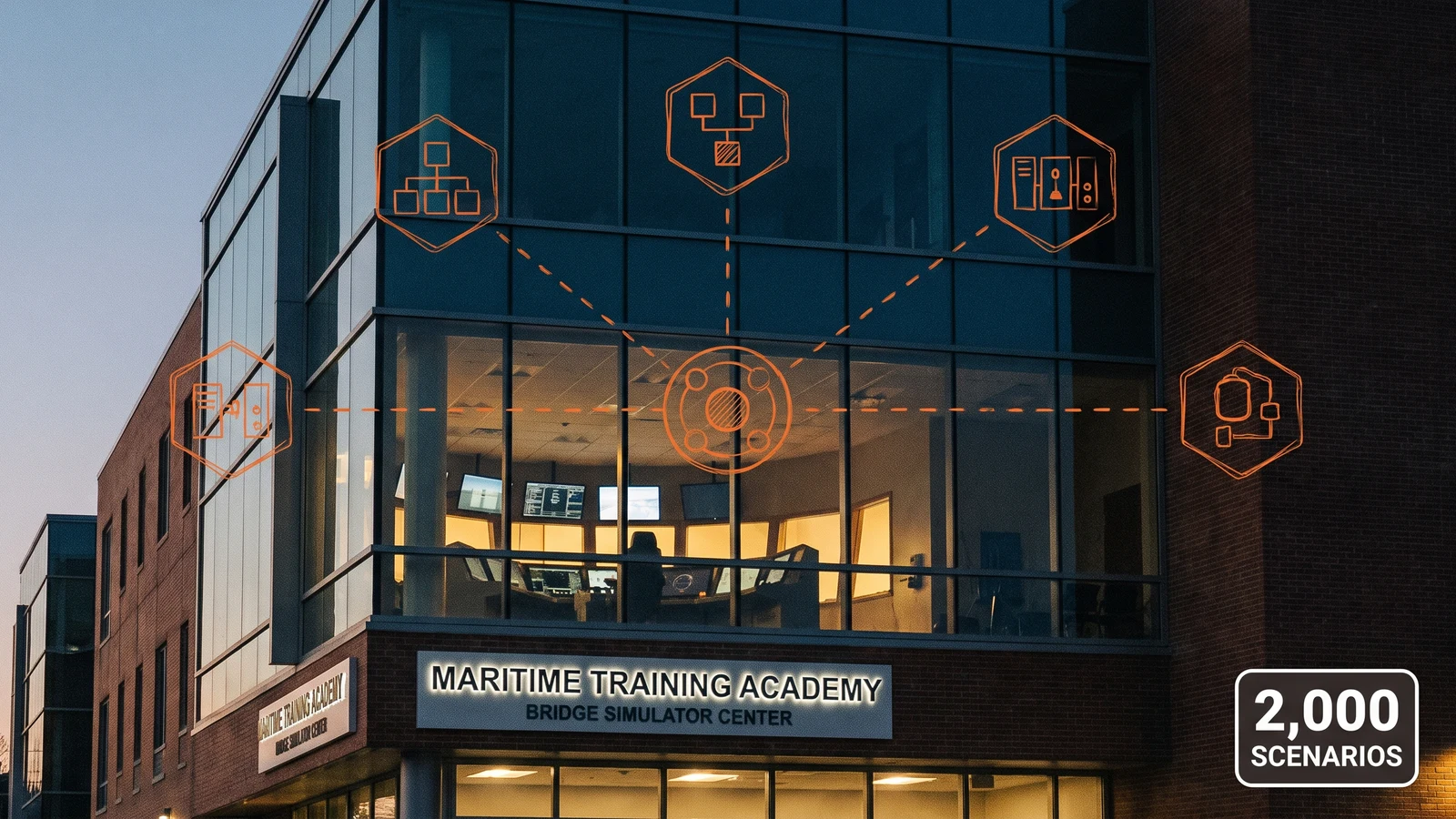 Technical diagram of five connected training modules arranged around a central hub
