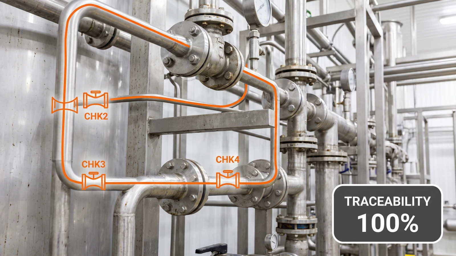 Technical diagram of a pipe routing path passing through four validation gate checkpoints