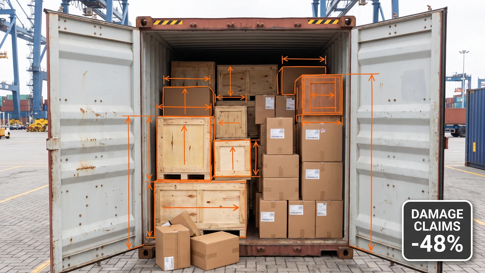 Technical diagram of a container cutaway showing 3D bin-packing of boxes with an optimized arrangement highlighted