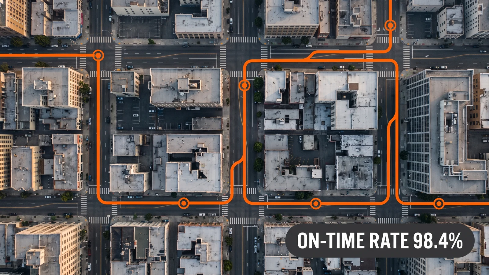 Technical diagram of a city street grid with an optimized delivery route highlighted between numbered stops