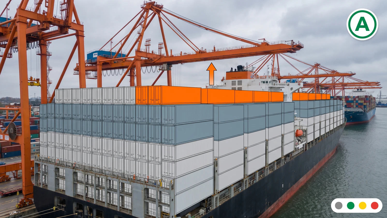 Technical cutaway diagram of a container ship's hull with an optimized multi-port stowage sequence highlighted
