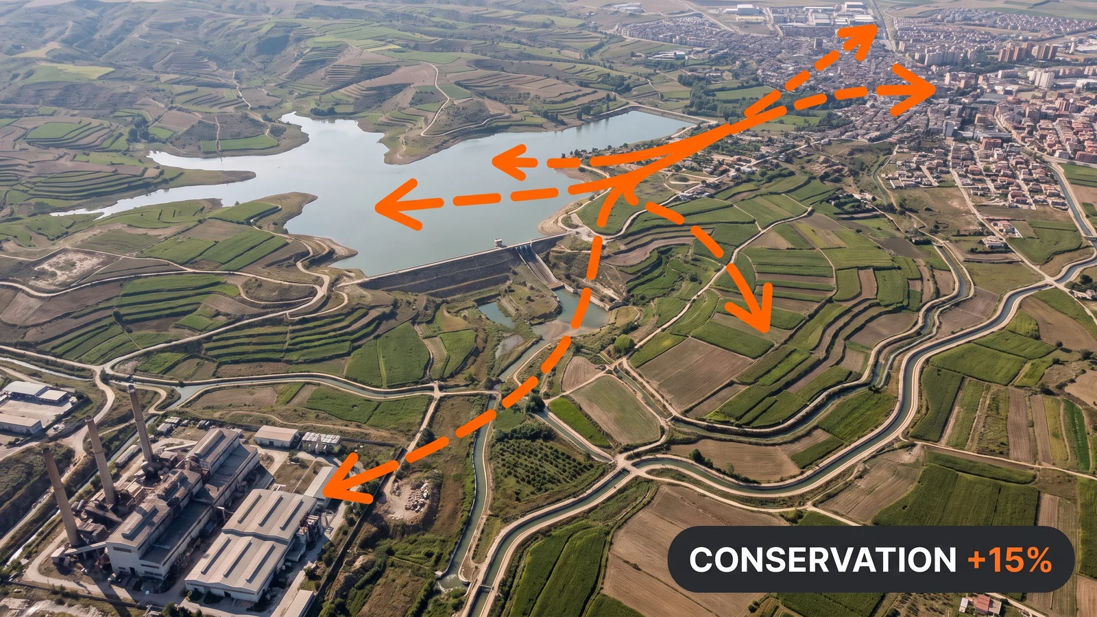 Technical diagram of a river basin allocation network branching toward municipal, agricultural, and industrial demand