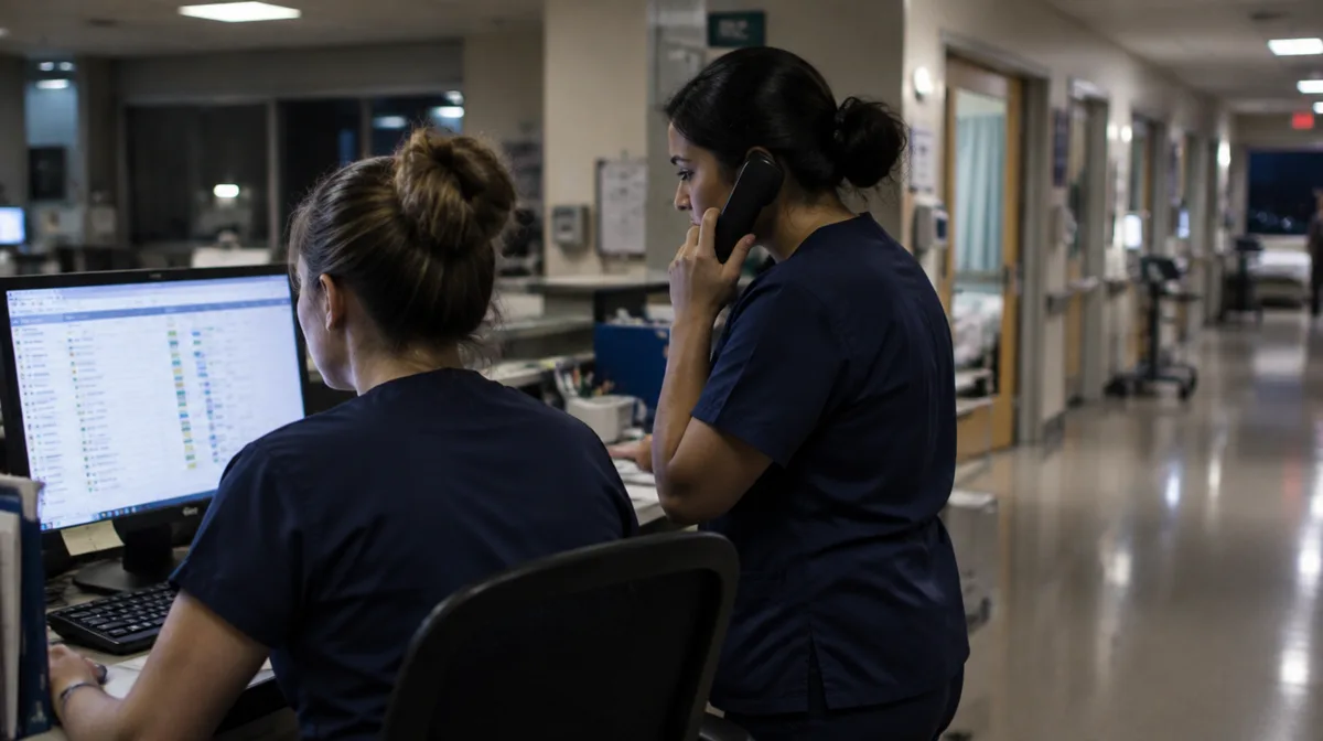 Two nurses at a hospital ward station at night, one checking a staff roster on screen while the other takes a phone call