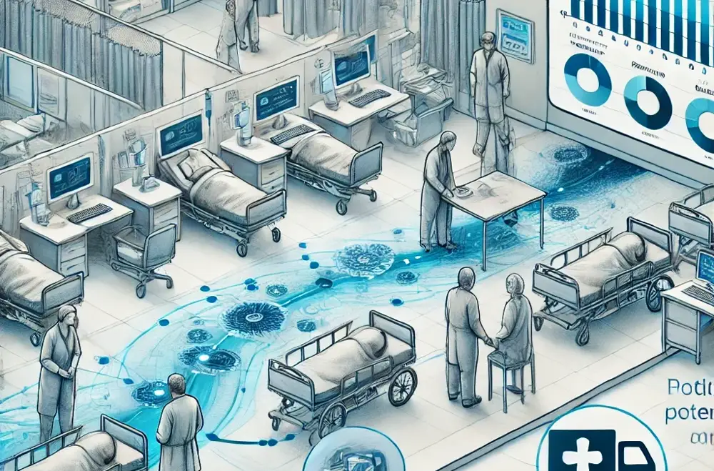 Illustration of a hospital ward with beds, care staff and digital monitoring panels