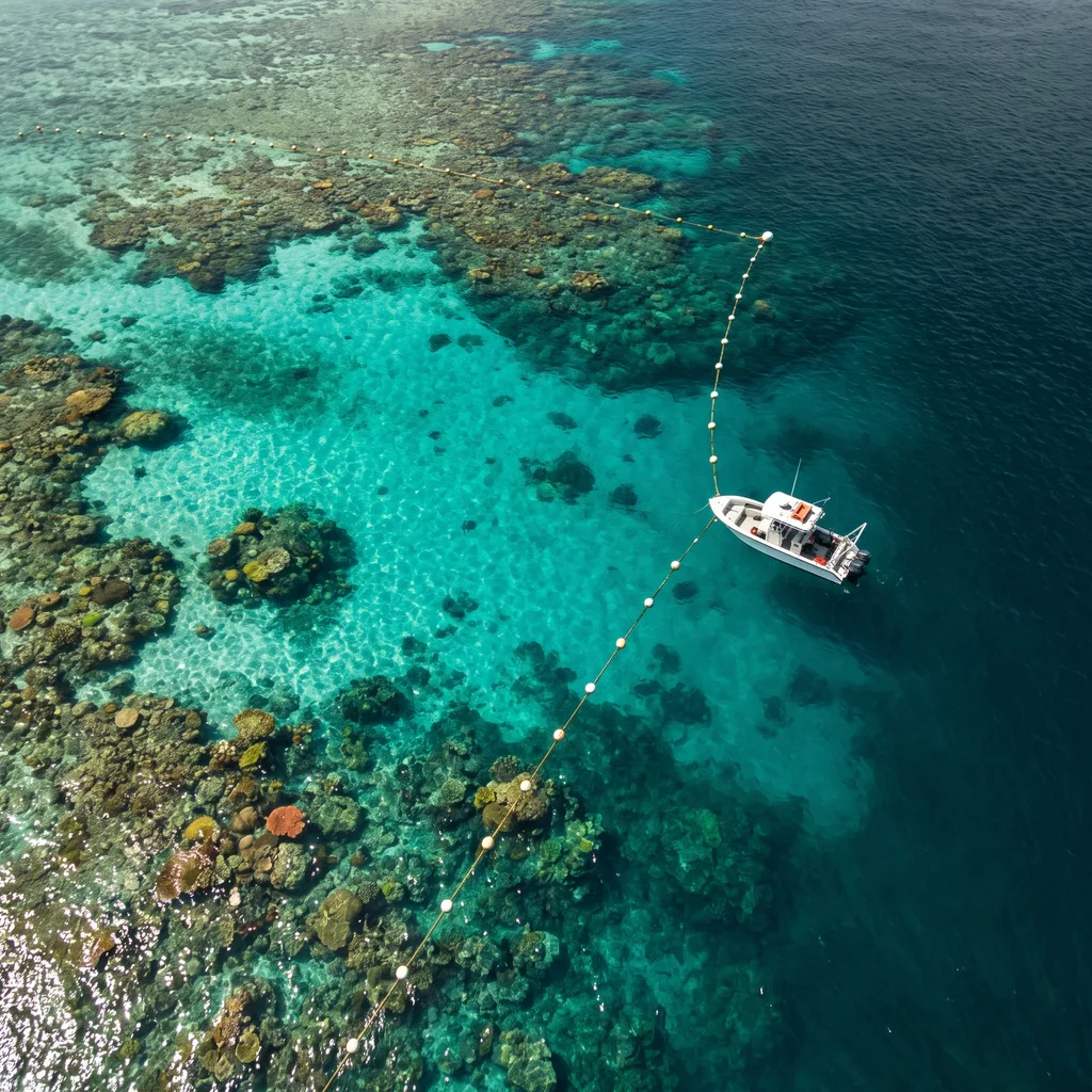 Aerial view of a vibrant coral reef and marine protected area with a research boat