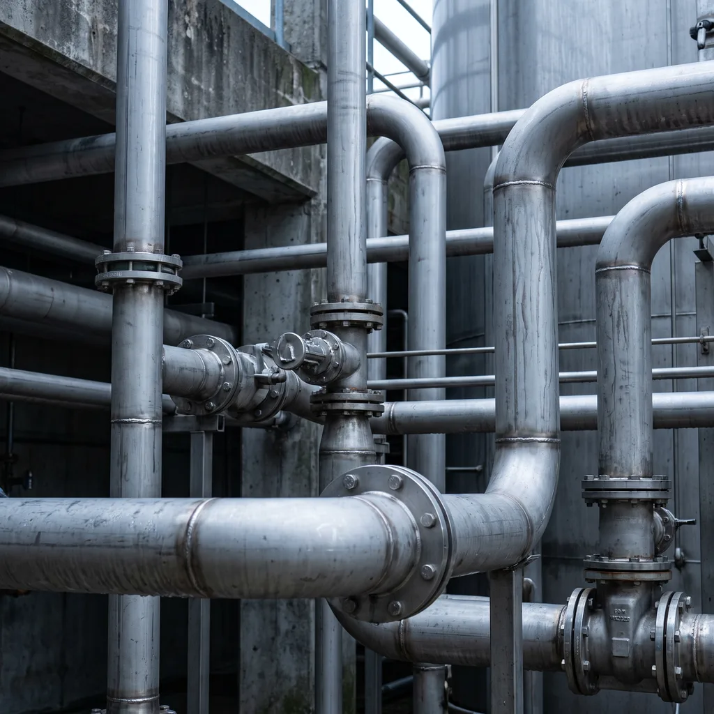 Close-up of complex stainless steel industrial pipe routing in a processing plant