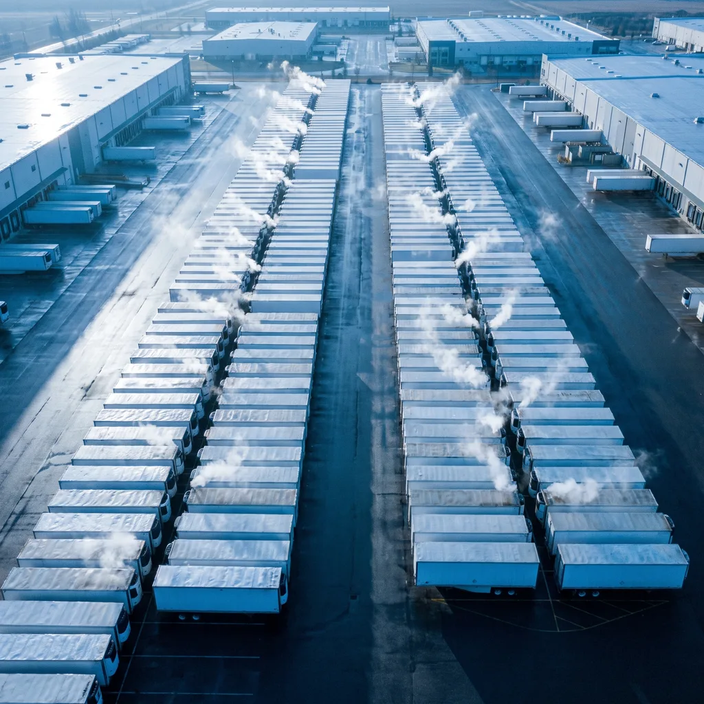 Aerial view of a refrigerated trucking yard at a cold-chain distribution hub