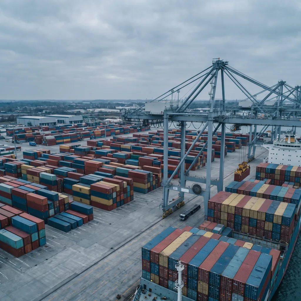 Aerial view of a shipping container terminal with a gantry crane loading a container ship