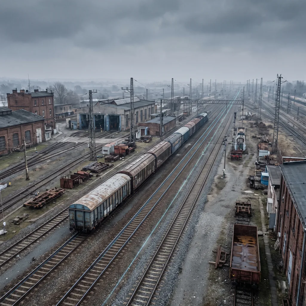 Aerial view of a railway maintenance yard with a freight train and overhead catenary lines