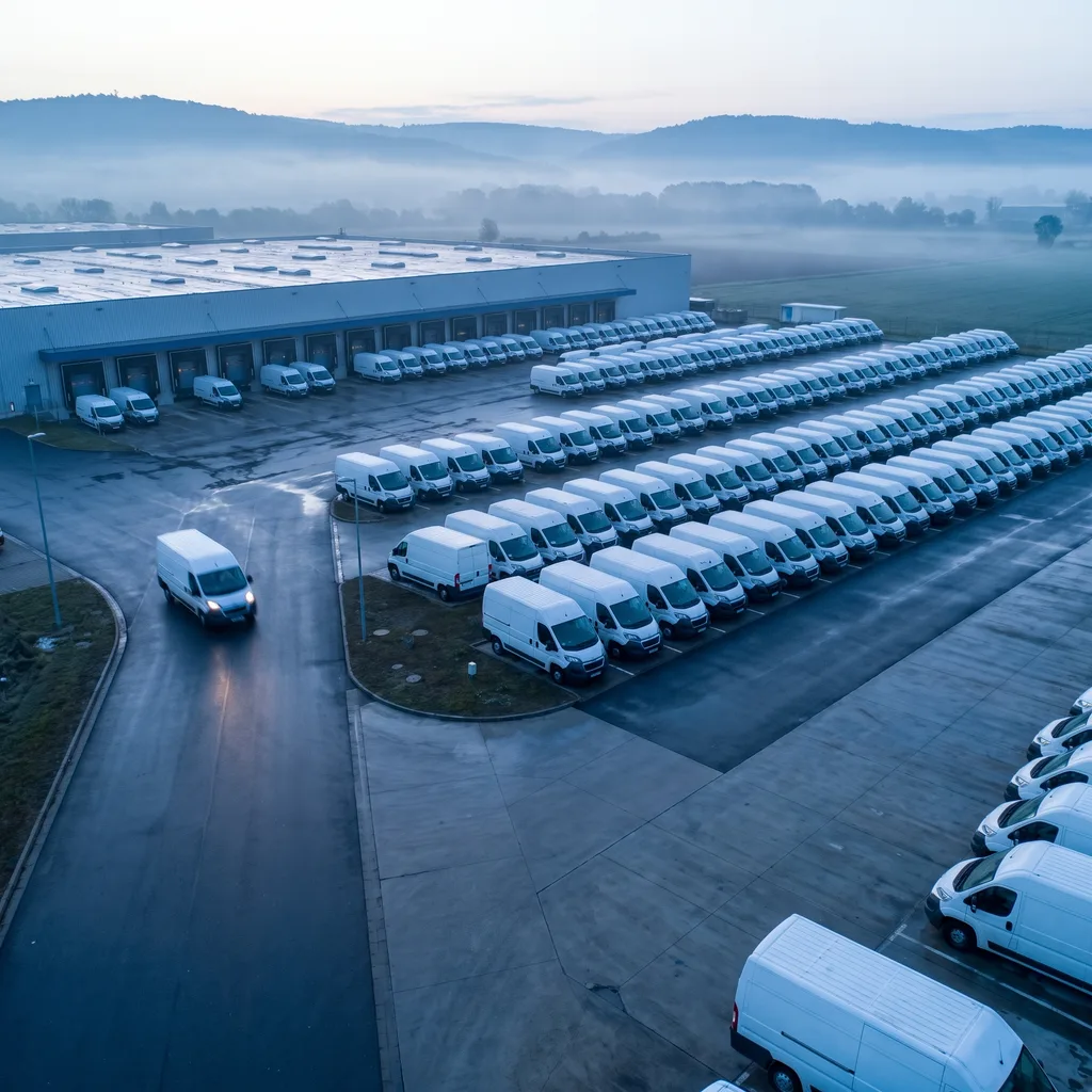 Aerial view of delivery vans staged in rows at a logistics depot at dawn