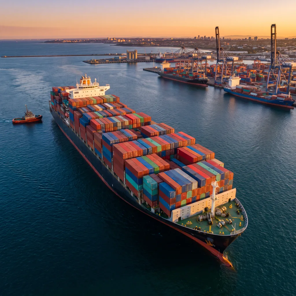 Aerial view of a fully loaded container ship departing a port at golden hour
