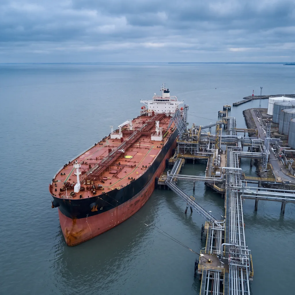 Aerial view of a large oil tanker moored at an industrial maritime loading terminal