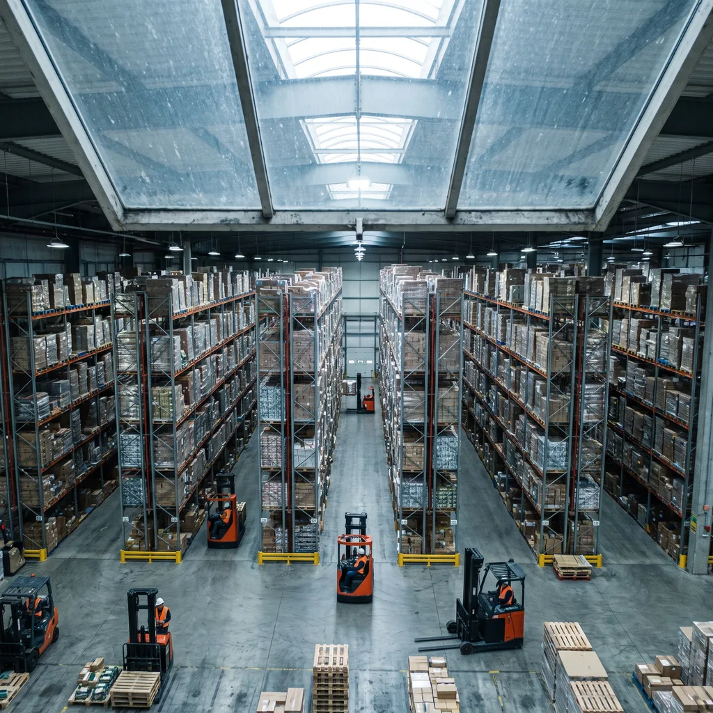 Aerial view looking down into a large multi-client warehouse interior with rows of racking